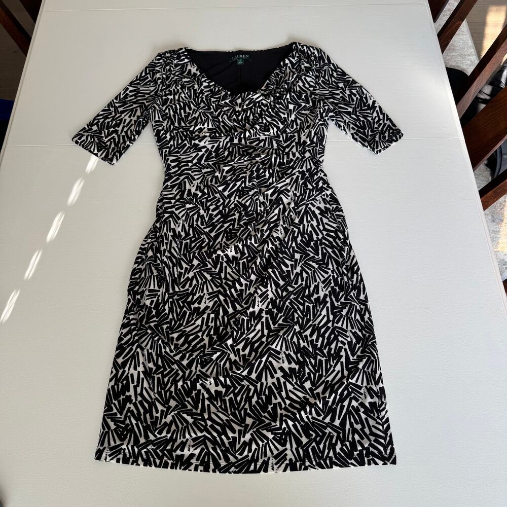 Lauren Ralph Lauren Womens Black Abstract Cowl Ruched Wiggle Sheath Dress Size 8